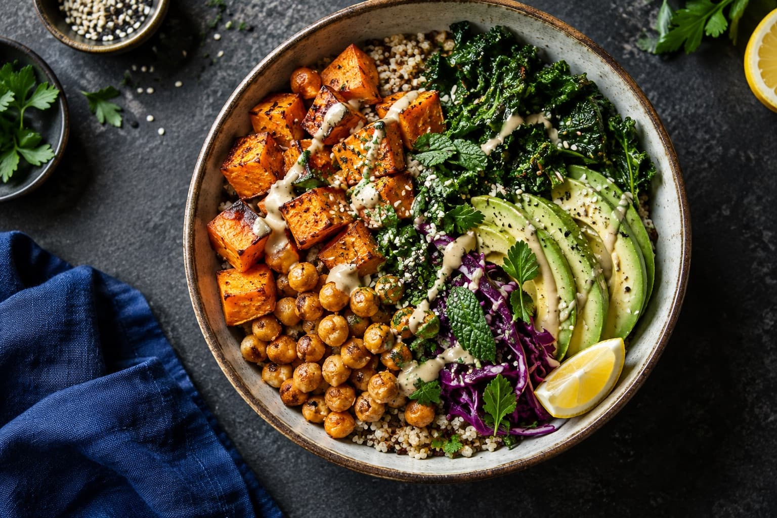Colorful roasted vegetable and chickpea bowl with greens and avocado
